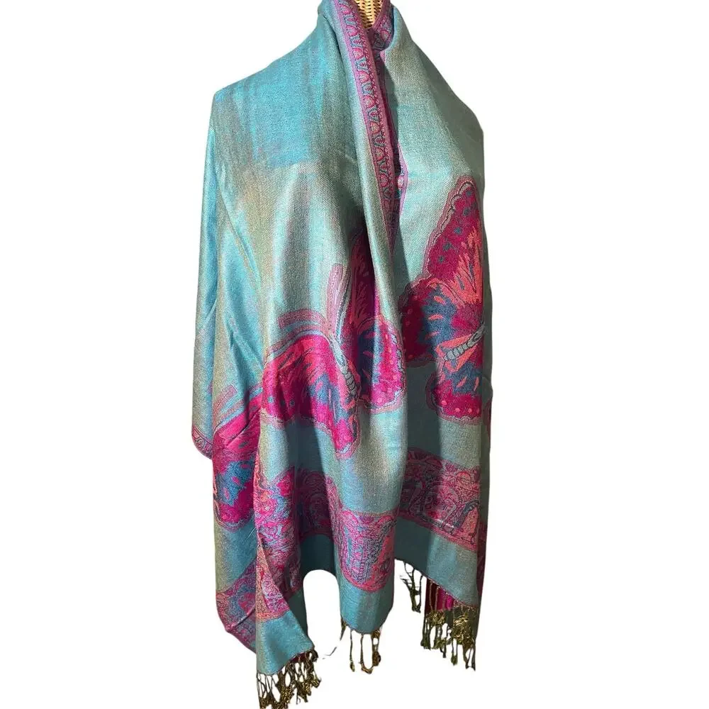 100 % Cashmere Pashmina Reversible Teal and Pink Butterflies and Medallion NWT